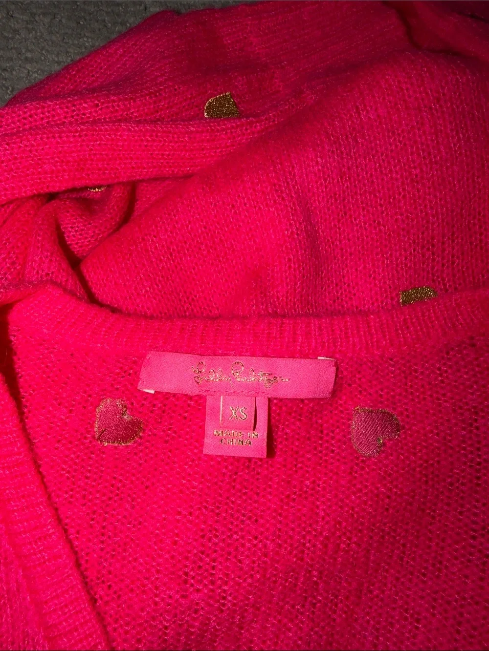Lilly Pulitzer Hot Pink V-Neck Sweater with Gold Heart Accents